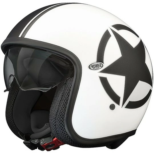 Casque De Moto Jet Vintage En Fibre Premier VINTAGE EVO Star 8 BM Blanc Noir Mat