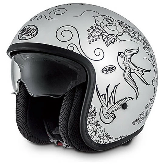 Casque Moto Vintage Jet Fibre Premier Avec Visière Intégrée SKM 8 BM Blanc